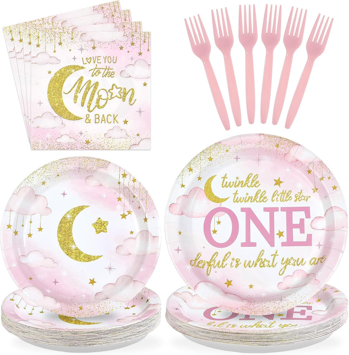 Over The Moon 1st Birthday Plates & Napkins Set - 96 Pcs image 1
