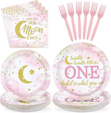 Over The Moon 1st Birthday Plates & Napkins Set - 96 Pcs image 1