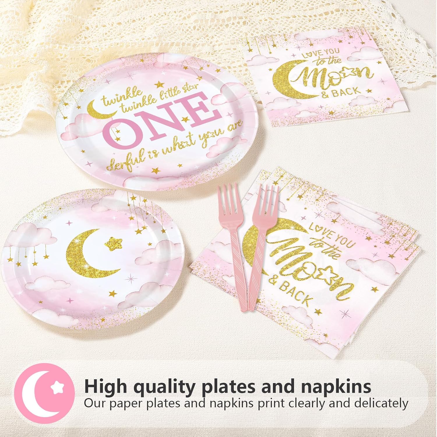 Over The Moon 1st Birthday Plates & Napkins Set - 96 Pcs image 3
