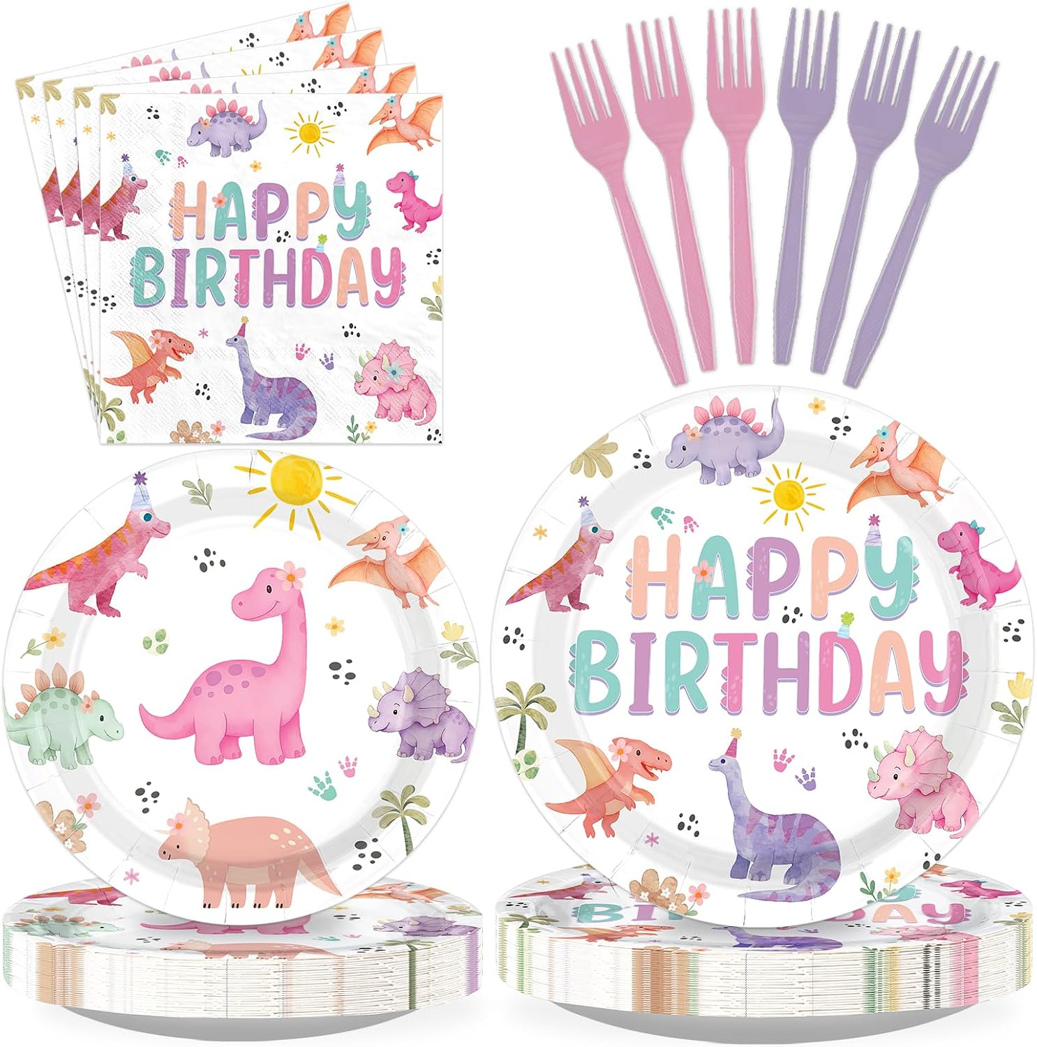 96 Pcs Pastel Dinosaur Birthday Party Plates and Napkins - Grencian