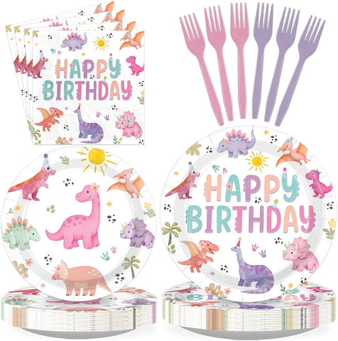 96 Pcs Pastel Dinosaur Birthday Party Plates and Napkins - Grencian