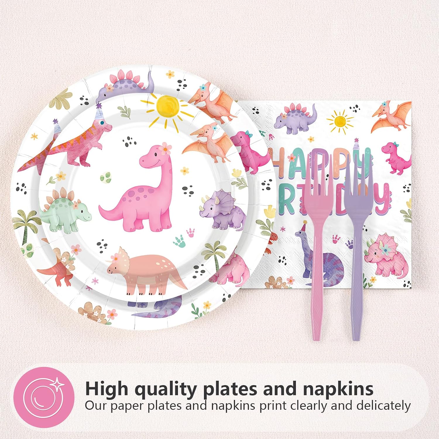 96 Pcs Pastel Dinosaur Birthday Party Plates and Napkins - Grencian
