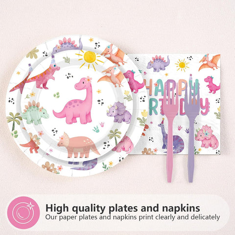 96 Pcs Pastel Dinosaur Birthday Party Plates and Napkins - Grencian