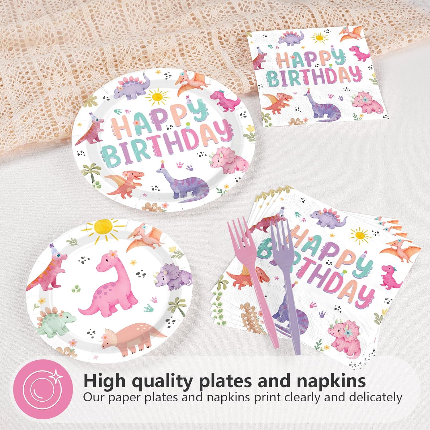 96 Pcs Pastel Dinosaur Birthday Party Plates and Napkins - Grencian