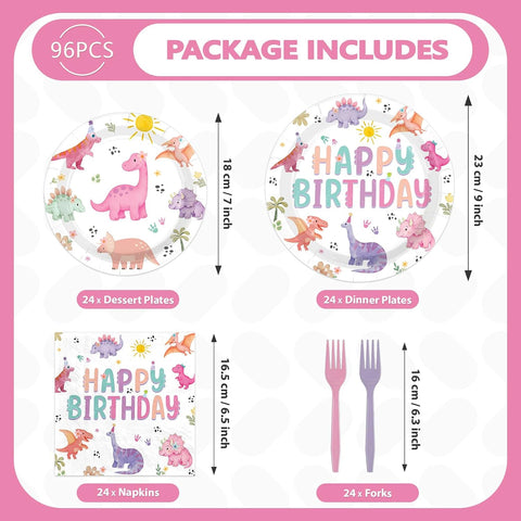 96 Pcs Pastel Dinosaur Birthday Party Plates and Napkins - Grencian