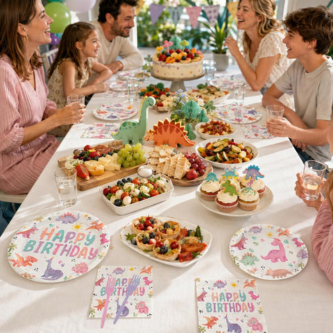 96 Pcs Pastel Dinosaur Birthday Party Plates and Napkins - Grencian