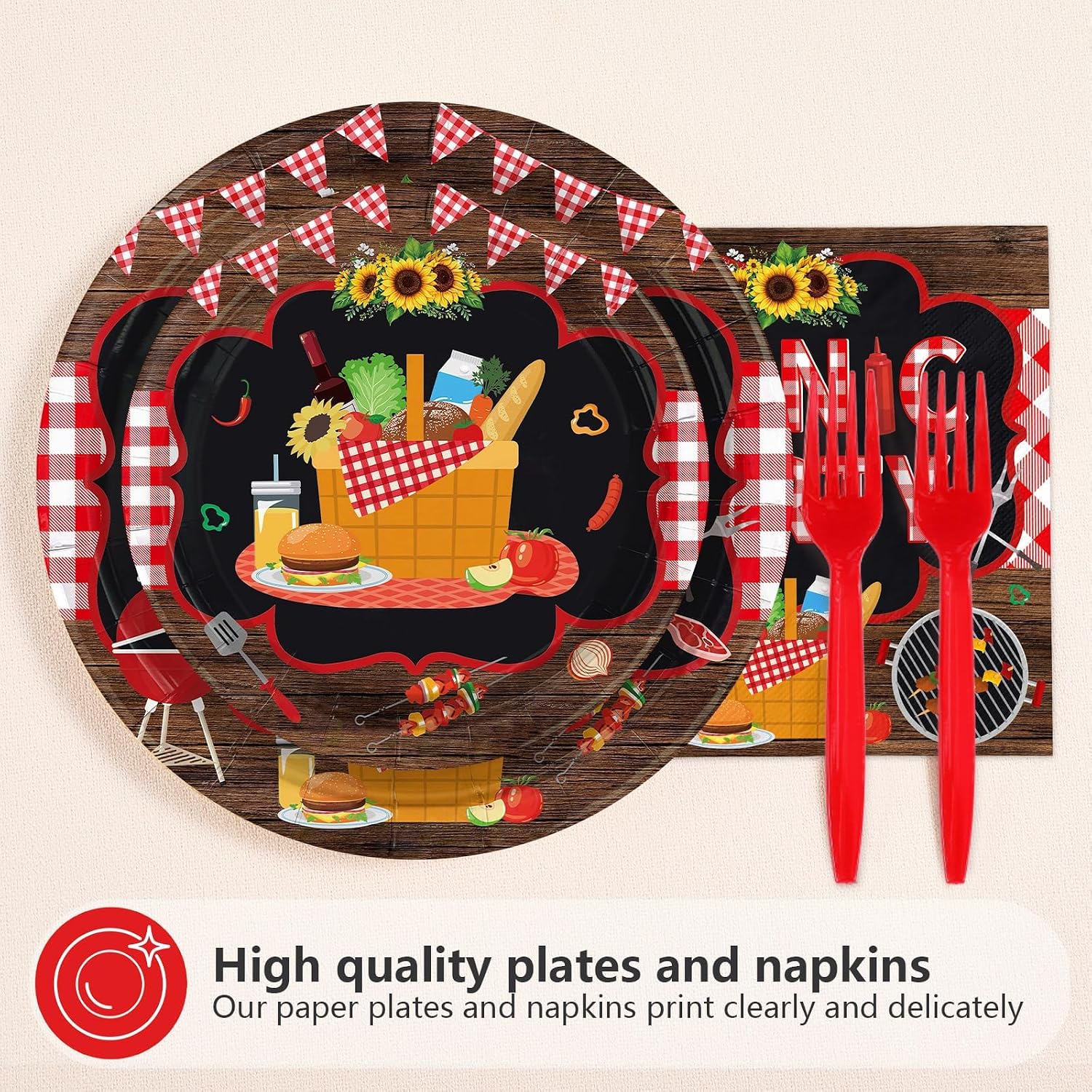 Picnic Red Black Checkered Plates & Napkins Set - 96 Pcs image 2