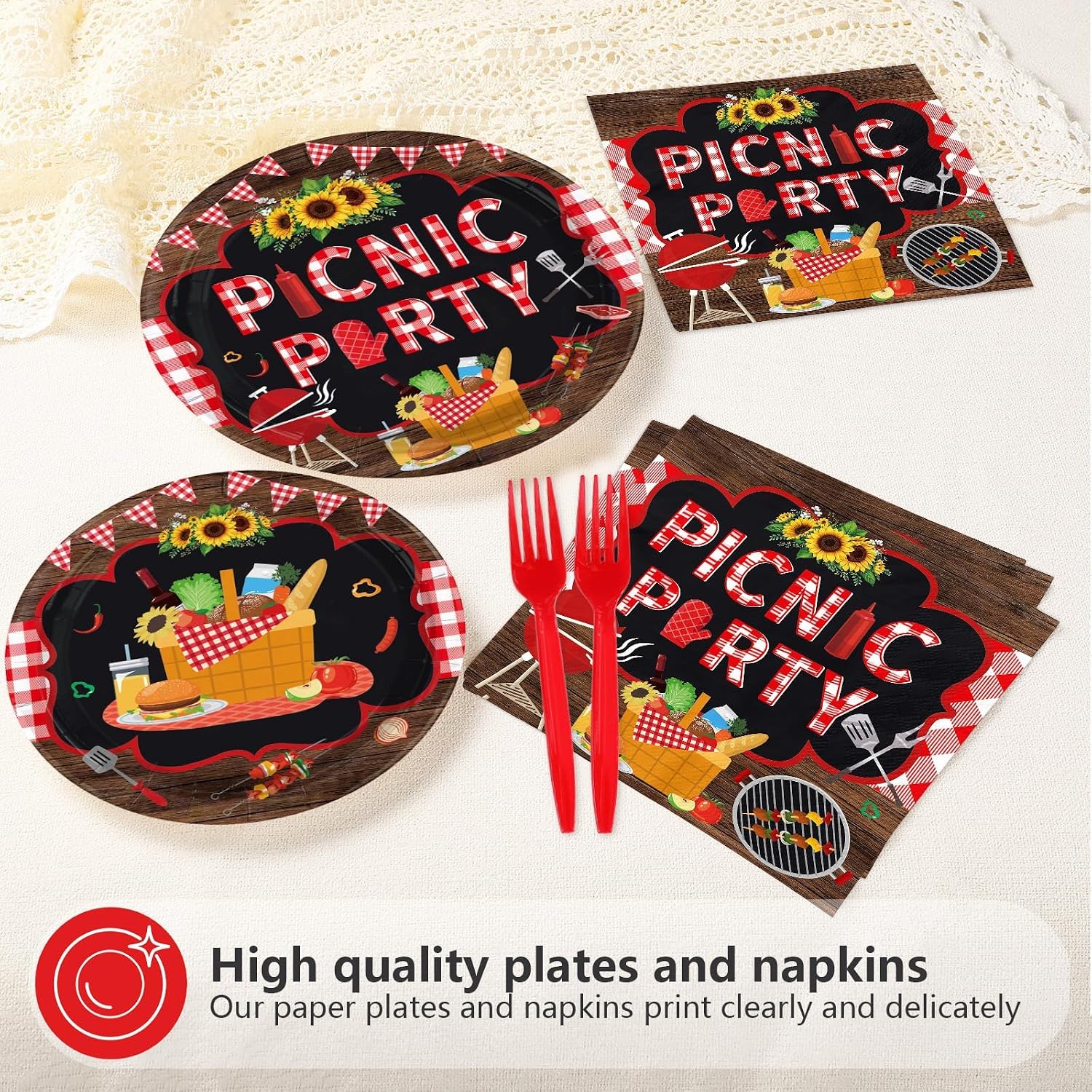 Picnic Red Black Checkered Plates & Napkins Set - 96 Pcs image 3