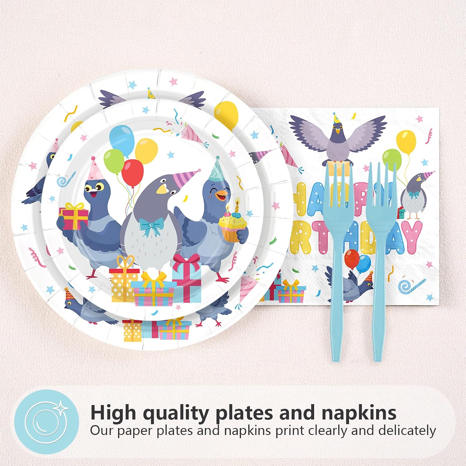 Pigeon Birthday Plates & Napkins Set - 96 Pcs image 2