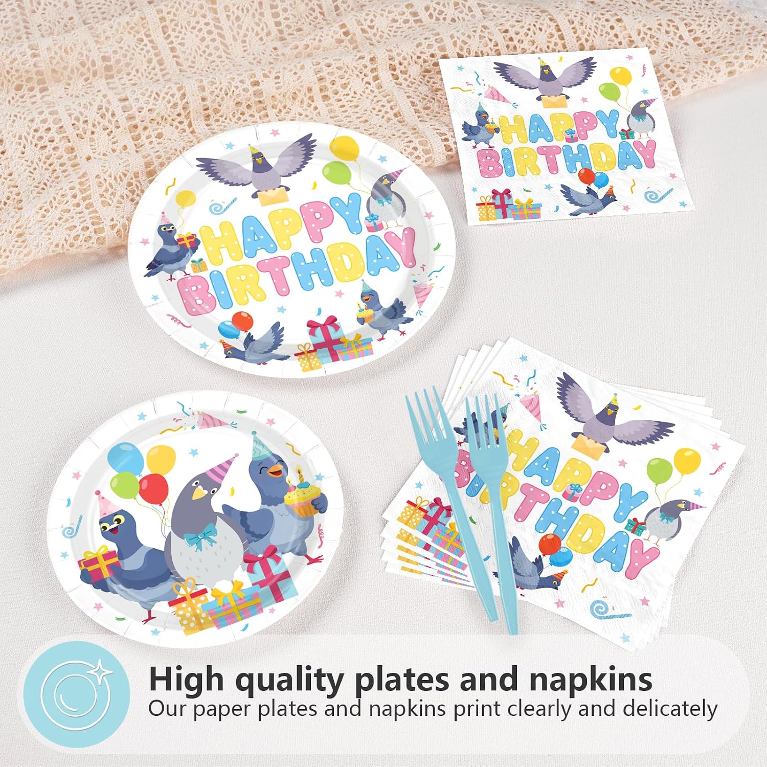 Pigeon Birthday Plates & Napkins Set - 96 Pcs image 3