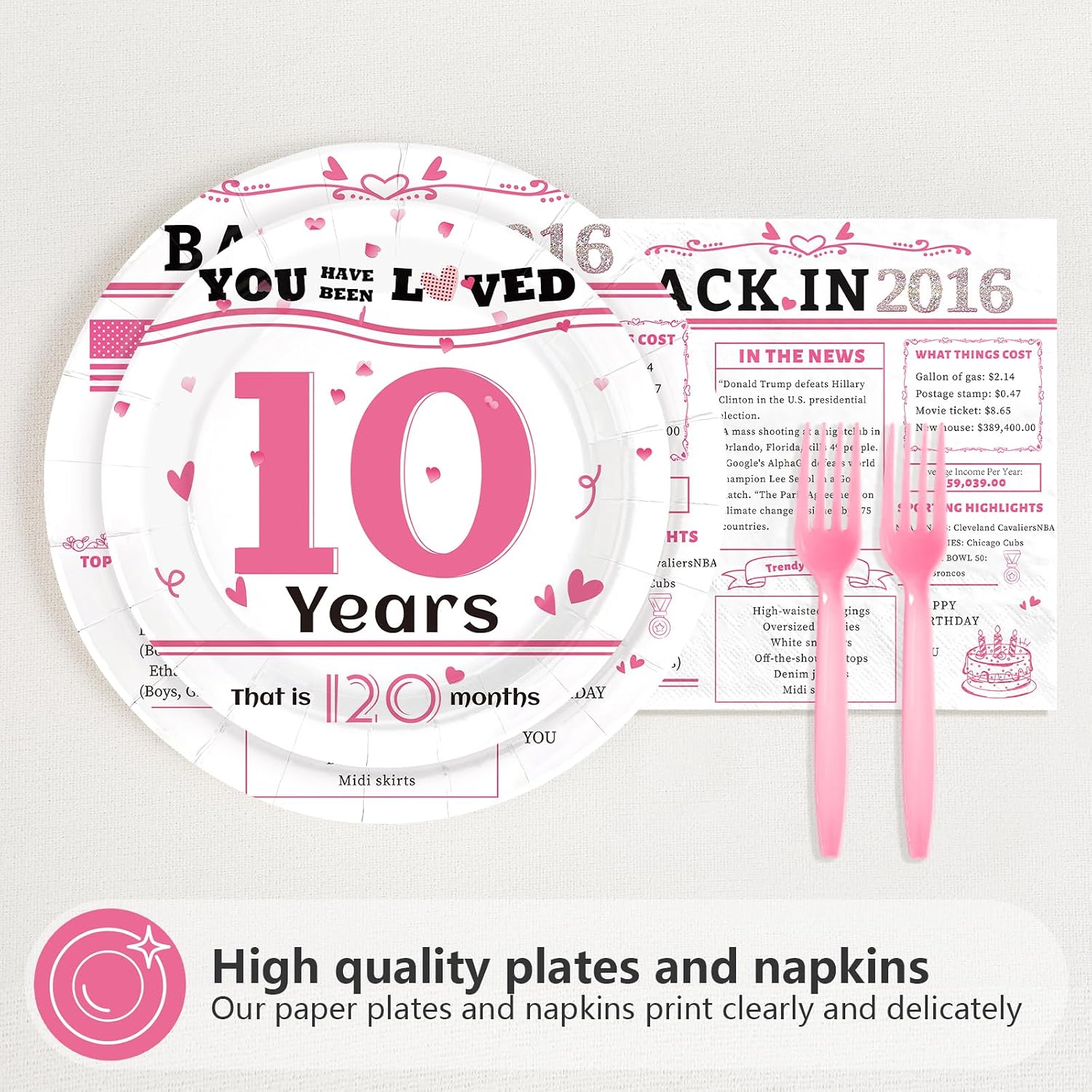 Pink 'Back in 2016' 10th Birthday Plates & Napkins - 96 Pcs - image 2