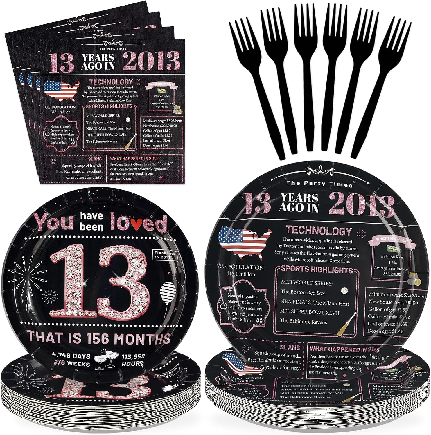 Pink & Black 13th Birthday Plates & Napkins Set - 96 Pcs - image 1