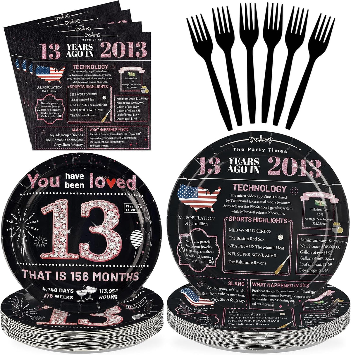Pink & Black 13th Birthday Plates & Napkins Set - 96 Pcs - image 1