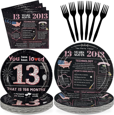 Pink & Black 13th Birthday Plates & Napkins Set - 96 Pcs - image 1