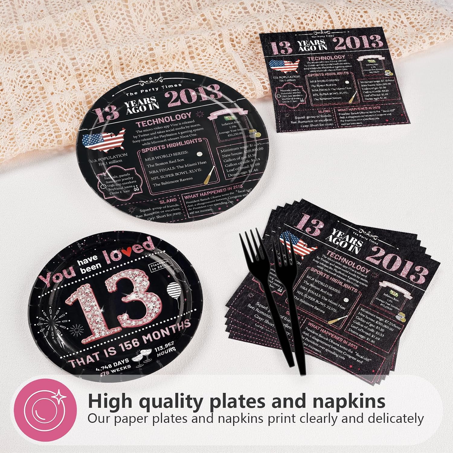 Pink & Black 13th Birthday Plates & Napkins Set - 96 Pcs - image 3