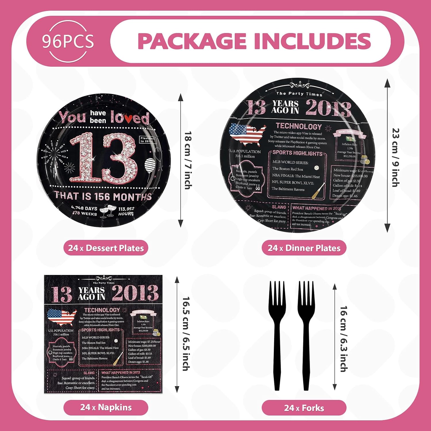 Pink & Black 13th Birthday Plates & Napkins Set - 96 Pcs - image 5