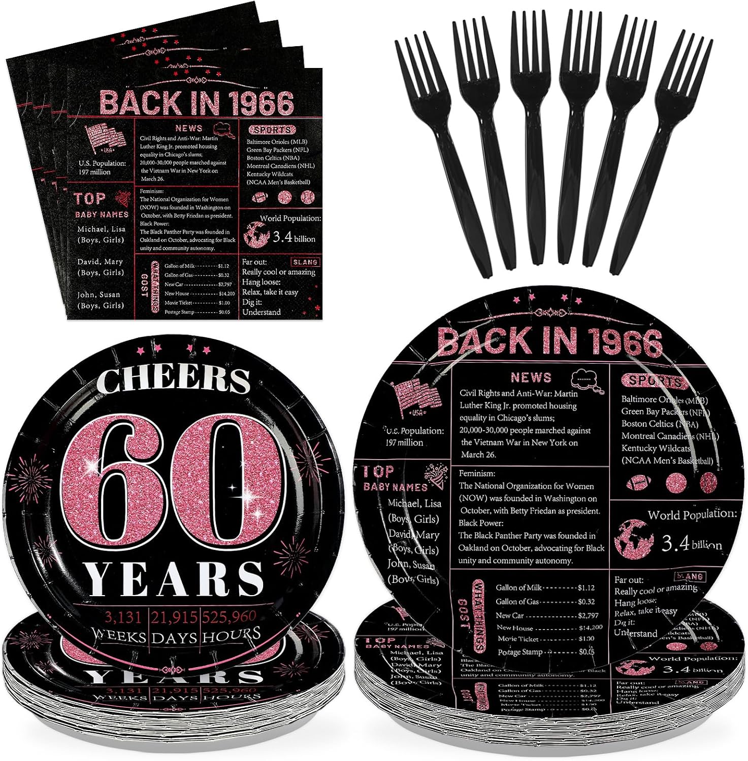 Pink & Black 60th Birthday Plates & Napkins Set - 96 Pcs - image 1