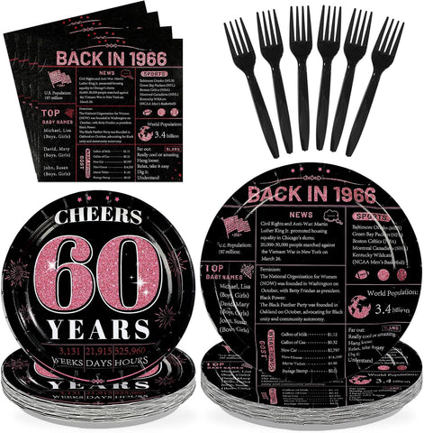 Pink & Black 60th Birthday Plates & Napkins Set - 96 Pcs - image 1