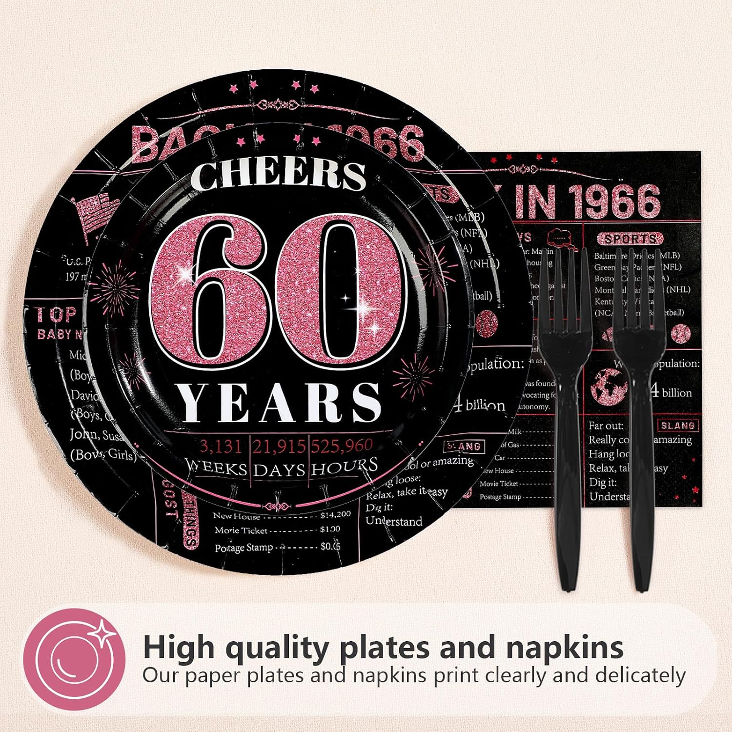 Pink & Black 60th Birthday Plates & Napkins Set - 96 Pcs - image 2