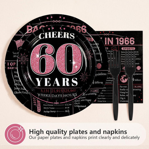 Pink & Black 60th Birthday Plates & Napkins Set - 96 Pcs - image 2