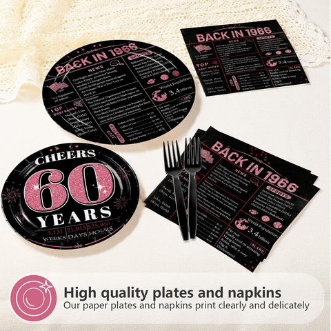 Pink & Black 60th Birthday Plates & Napkins Set - 96 Pcs - image 3