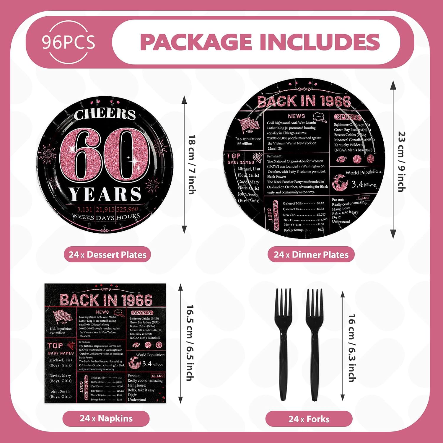 Pink & Black 60th Birthday Plates & Napkins Set - 96 Pcs - image 5