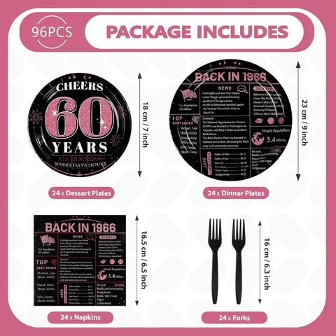 Pink & Black 60th Birthday Plates & Napkins Set - 96 Pcs - image 5