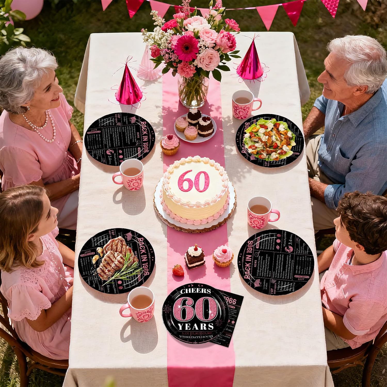 Pink & Black 60th Birthday Plates & Napkins Set - 96 Pcs - image 8