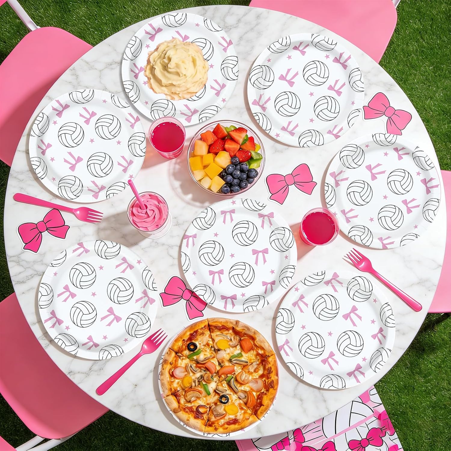 50 Pcs 9-inch Pink Bow Volleyball Party Paper Plates - Grencian