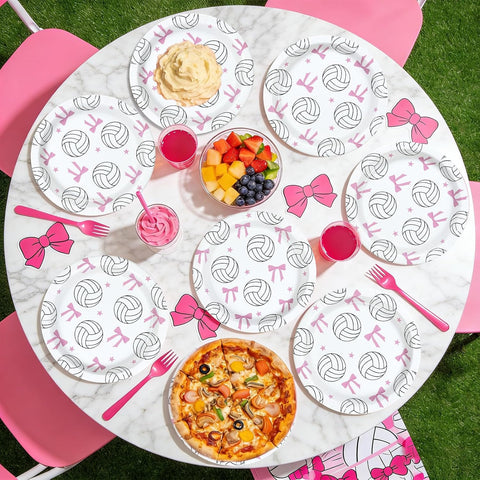 50 Pcs 9-inch Pink Bow Volleyball Party Paper Plates - Grencian