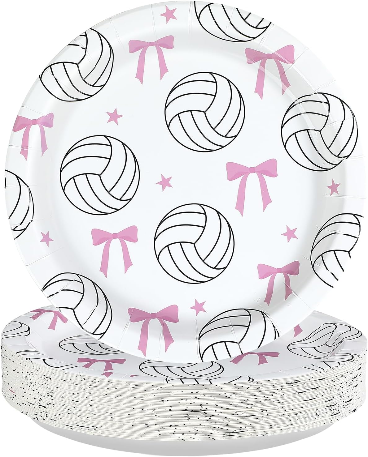 50 Pcs 9-inch Pink Bow Volleyball Party Paper Plates - Grencian