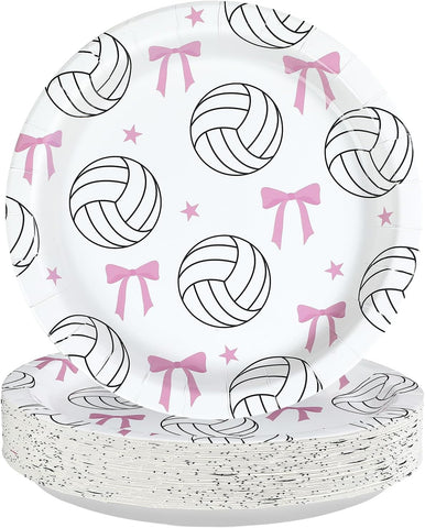 50 Pcs 9-inch Pink Bow Volleyball Party Paper Plates - Grencian