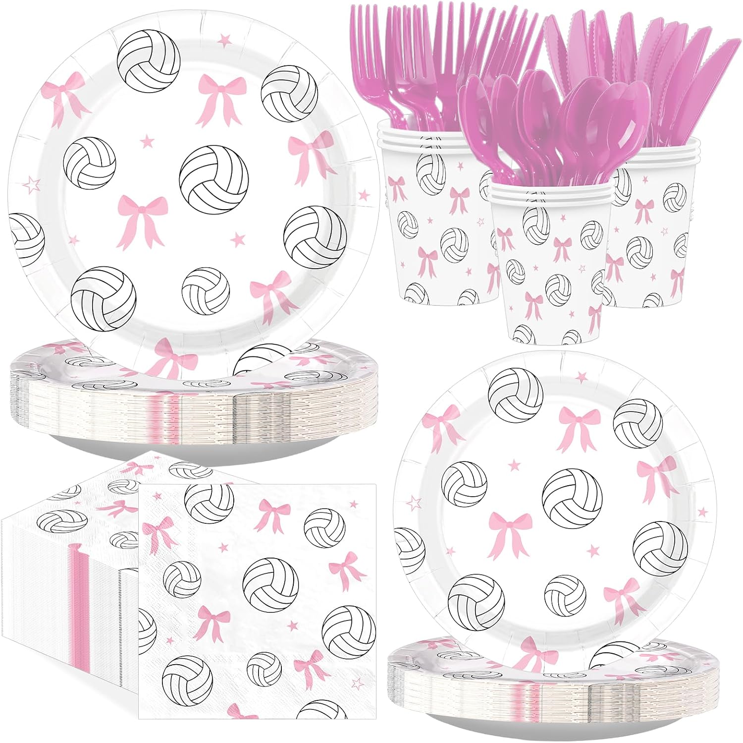 168 Pcs Pink Bow Volleyball Party Plates Napkins Cups and Forks - Grencian