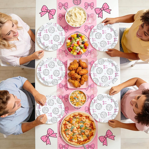 50 Pcs 9-inch Pink Bow Volleyball Party Paper Plates - Grencian
