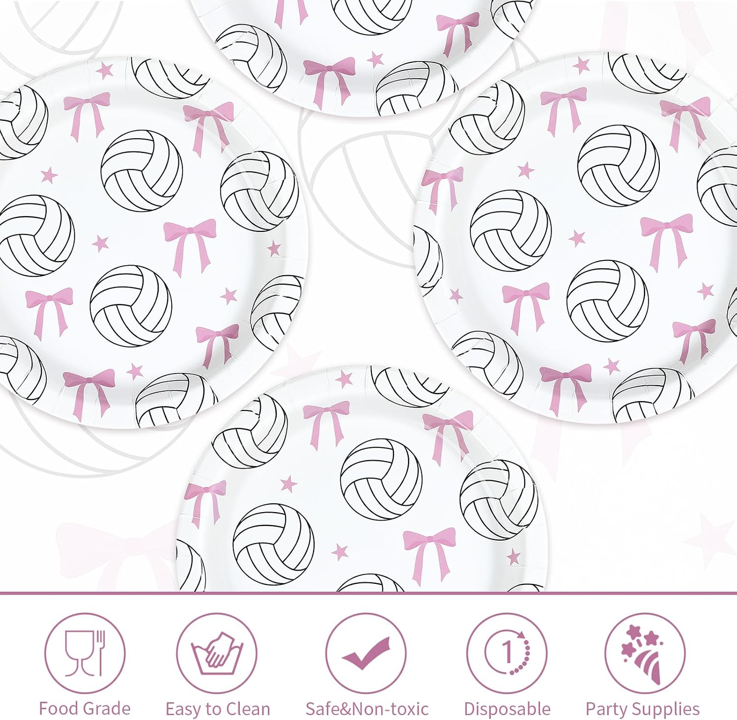 50 Pcs 9-inch Pink Bow Volleyball Party Paper Plates - Grencian