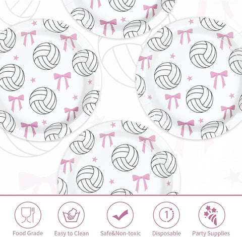 50 Pcs 9-inch Pink Bow Volleyball Party Paper Plates - Grencian
