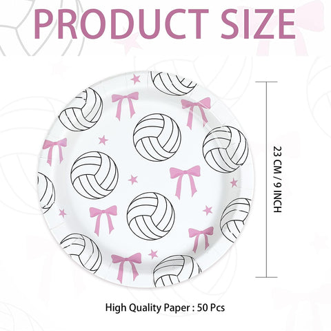 50 Pcs 9-inch Pink Bow Volleyball Party Paper Plates - Grencian