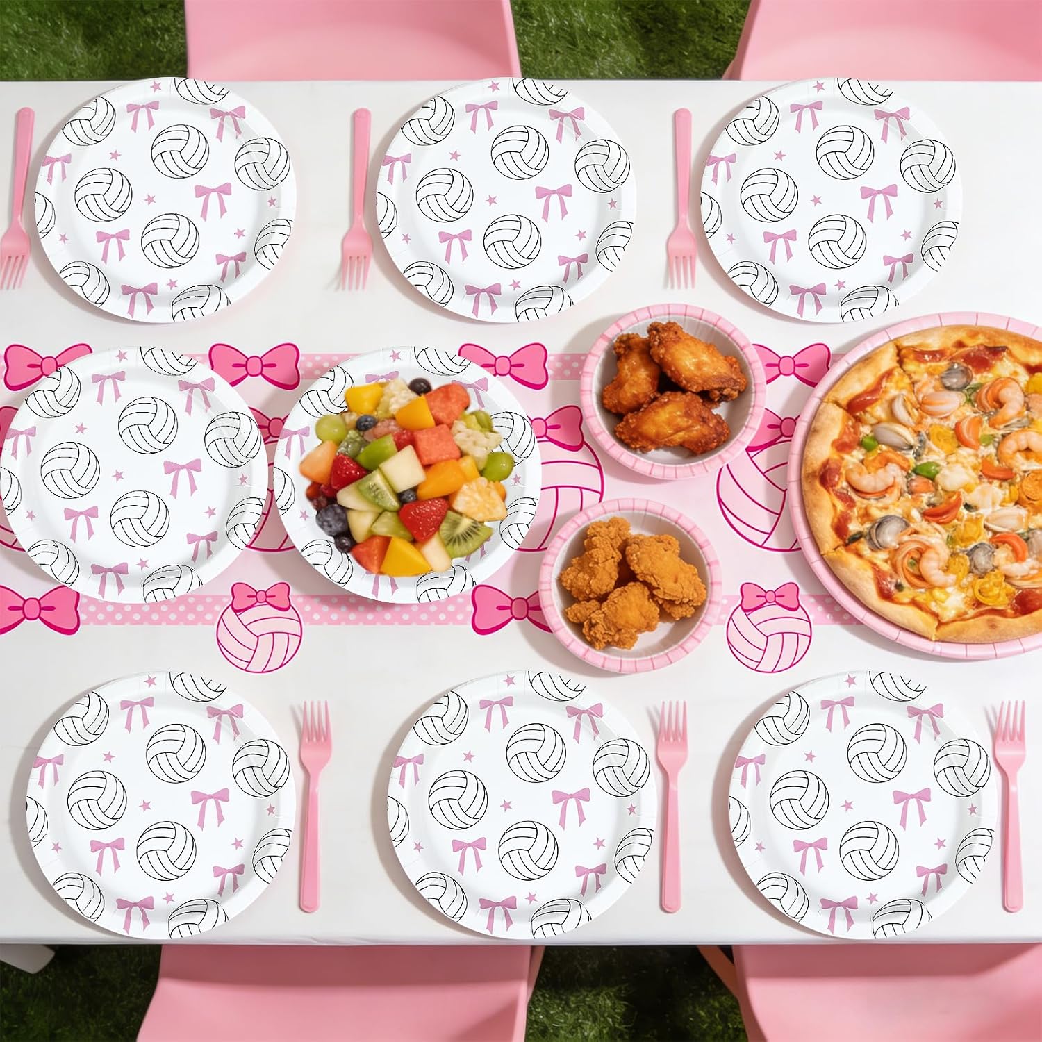 50 Pcs 9-inch Pink Bow Volleyball Party Paper Plates - Grencian