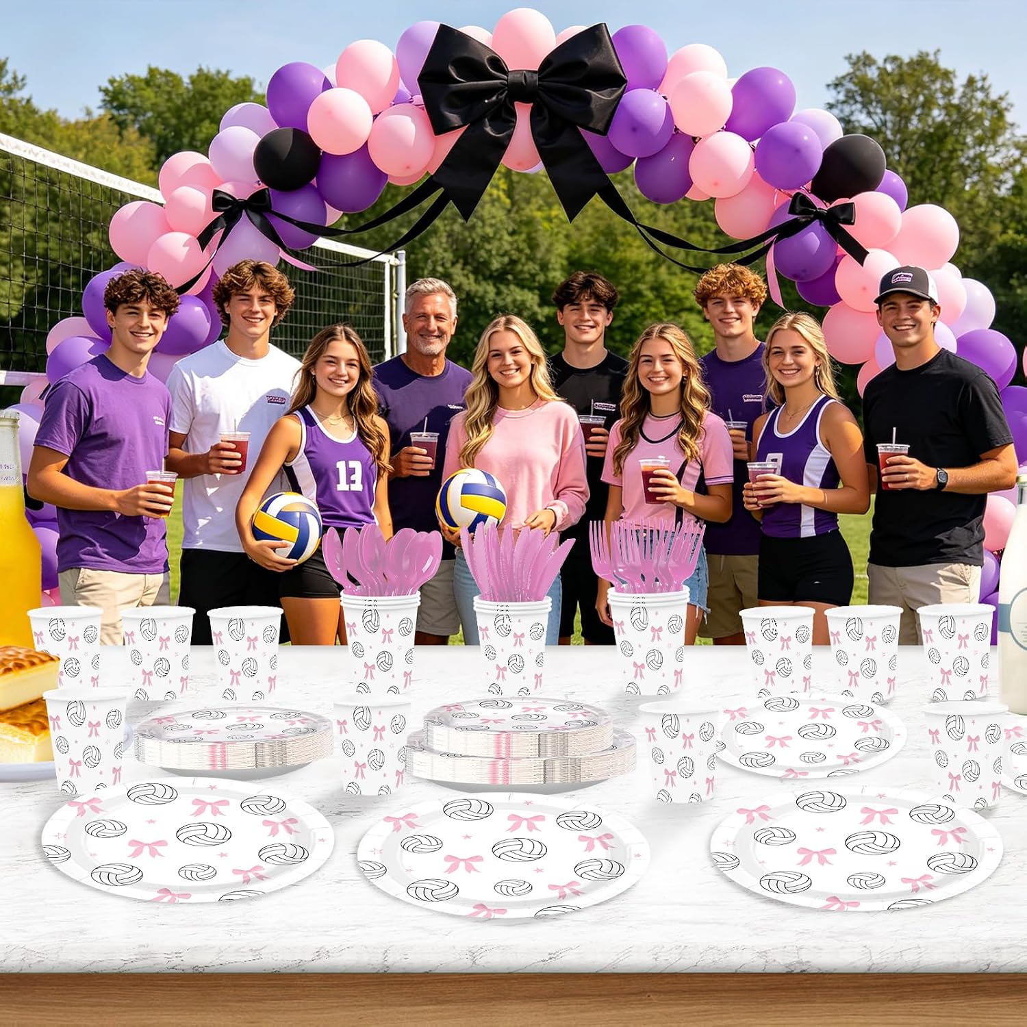 168 Pcs Pink Bow Volleyball Party Plates Napkins Cups and Forks - Grencian