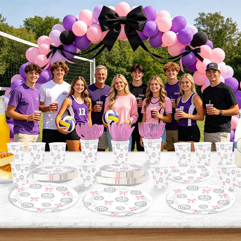 168 Pcs Pink Bow Volleyball Party Plates Napkins Cups and Forks - Grencian