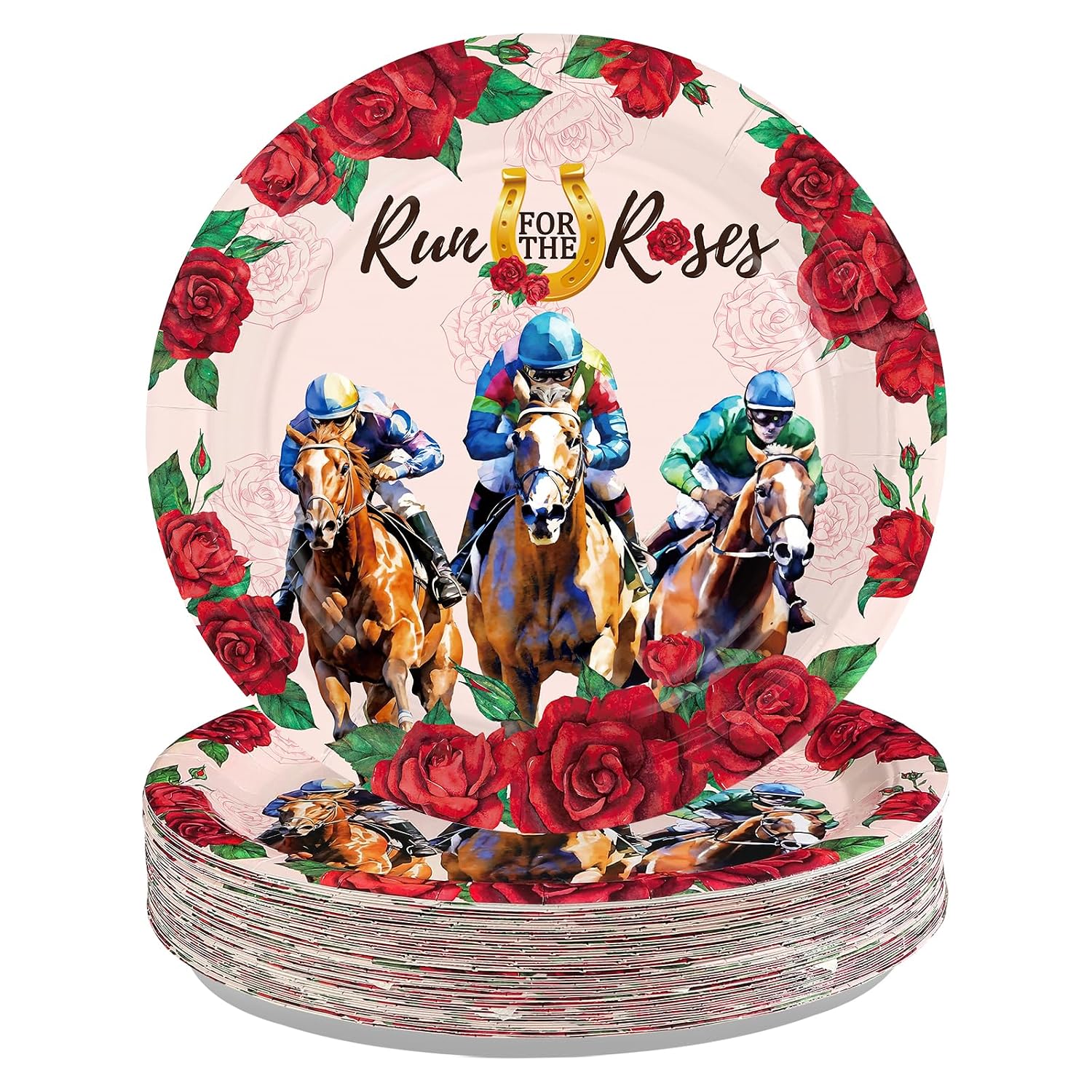 Pink Kentucky Derby Run for the Roses paper plates 10 inch