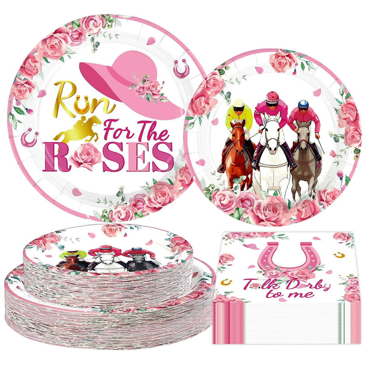 Pink Kentucky Derby plates and napkins tableware set 200 pcs serves 50