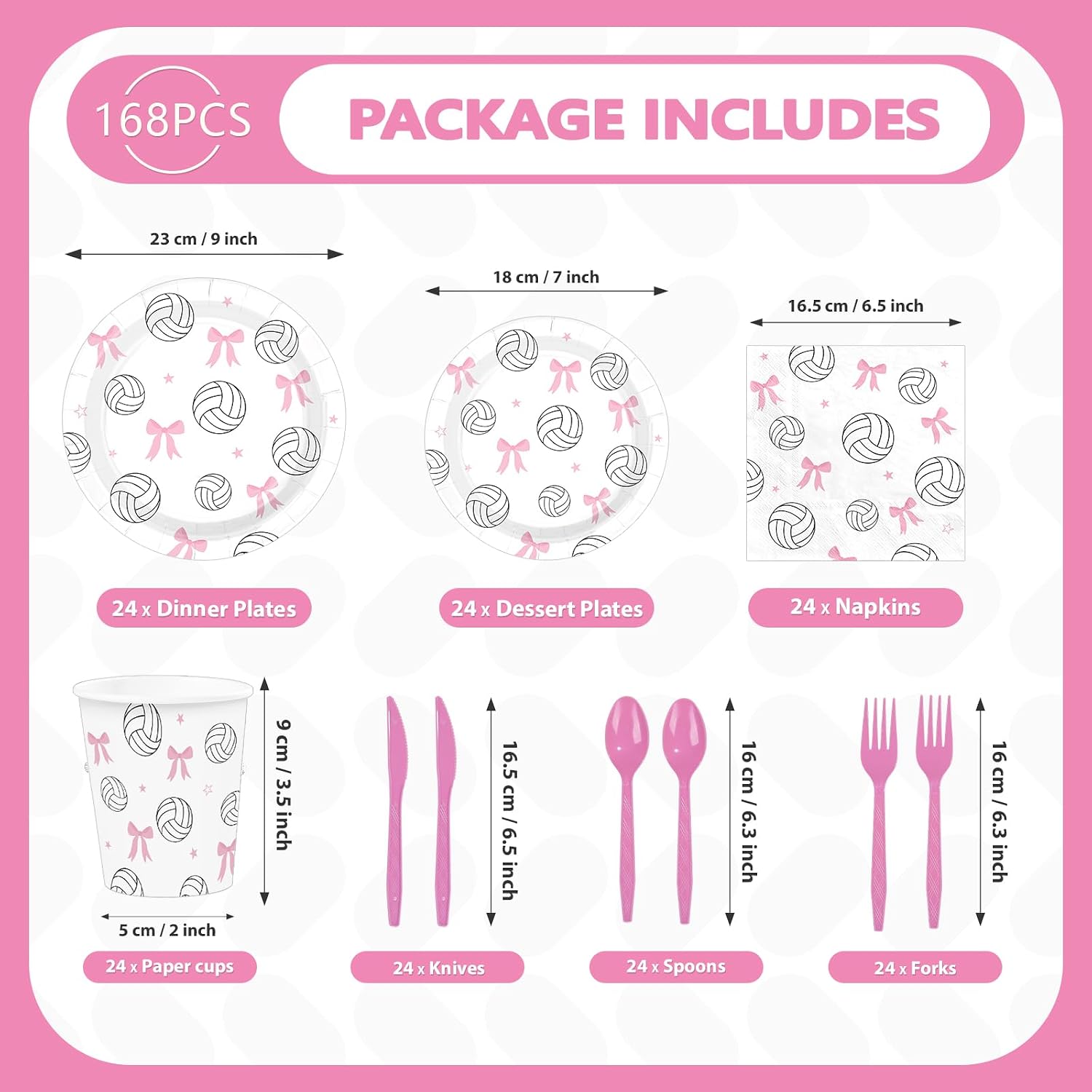 168 Pcs Pink Bow Volleyball Party Plates Napkins Cups and Forks - Grencian