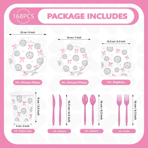 168 Pcs Pink Bow Volleyball Party Plates Napkins Cups and Forks - Grencian