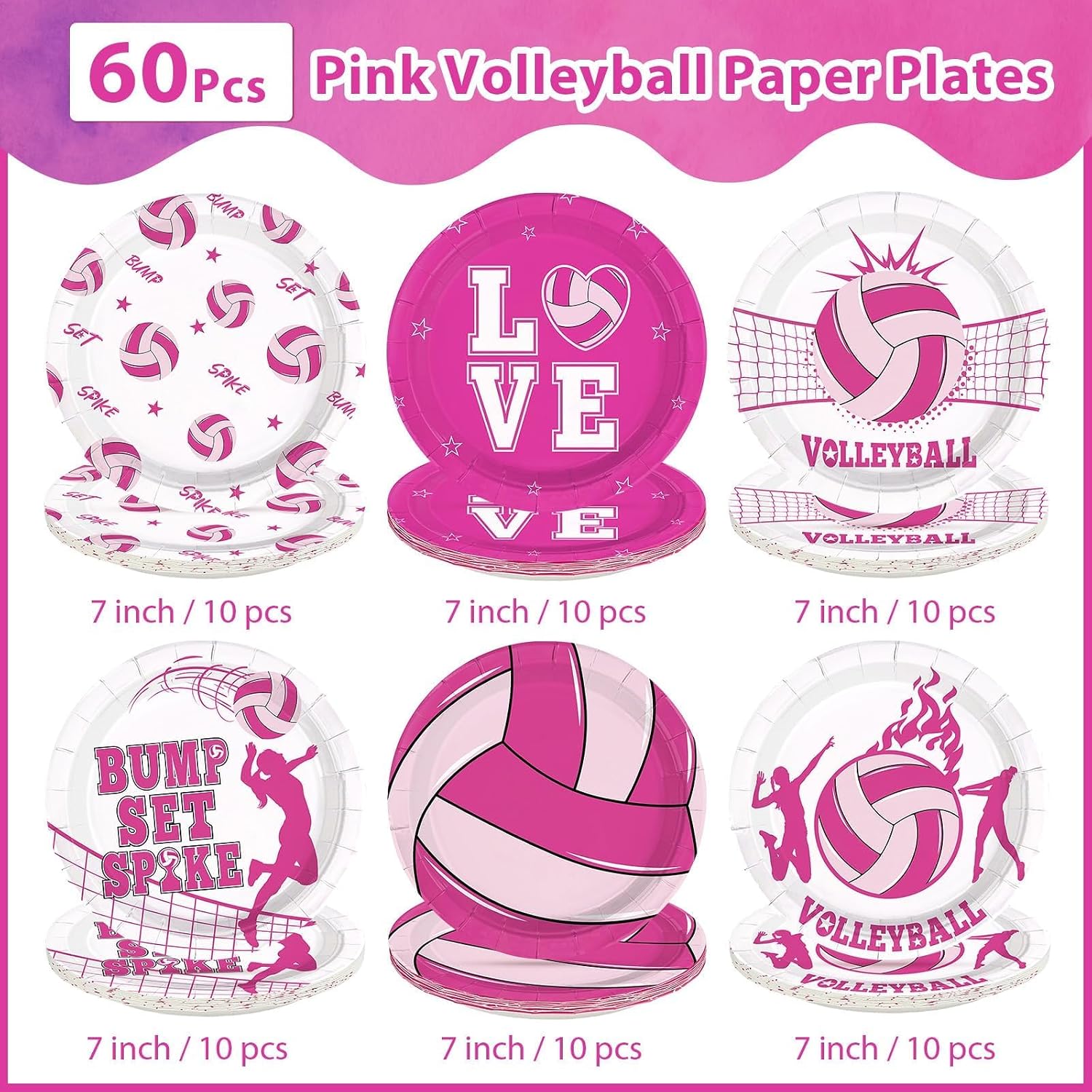 60 Pcs 7-inch Pink Volleyball Party Plates - Grencian