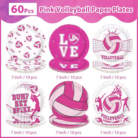 60 Pcs 7-inch Pink Volleyball Party Plates - Grencian