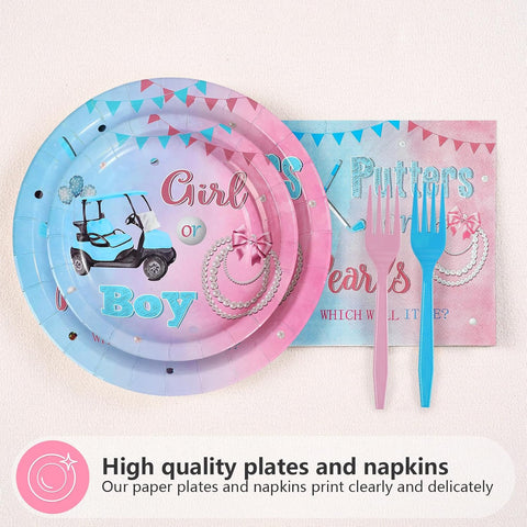 Putters or pearls gender reveal dinner plates 9 inch blue pink