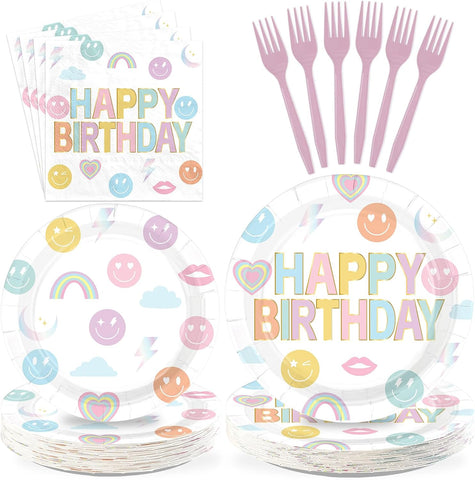 Rainbow Smile Face Birthday Plates & Napkins Set - 96 Pcs image 1