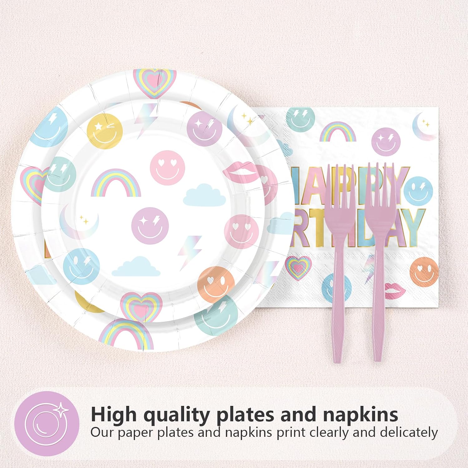 Rainbow Smile Face Birthday Plates & Napkins Set - 96 Pcs image 3