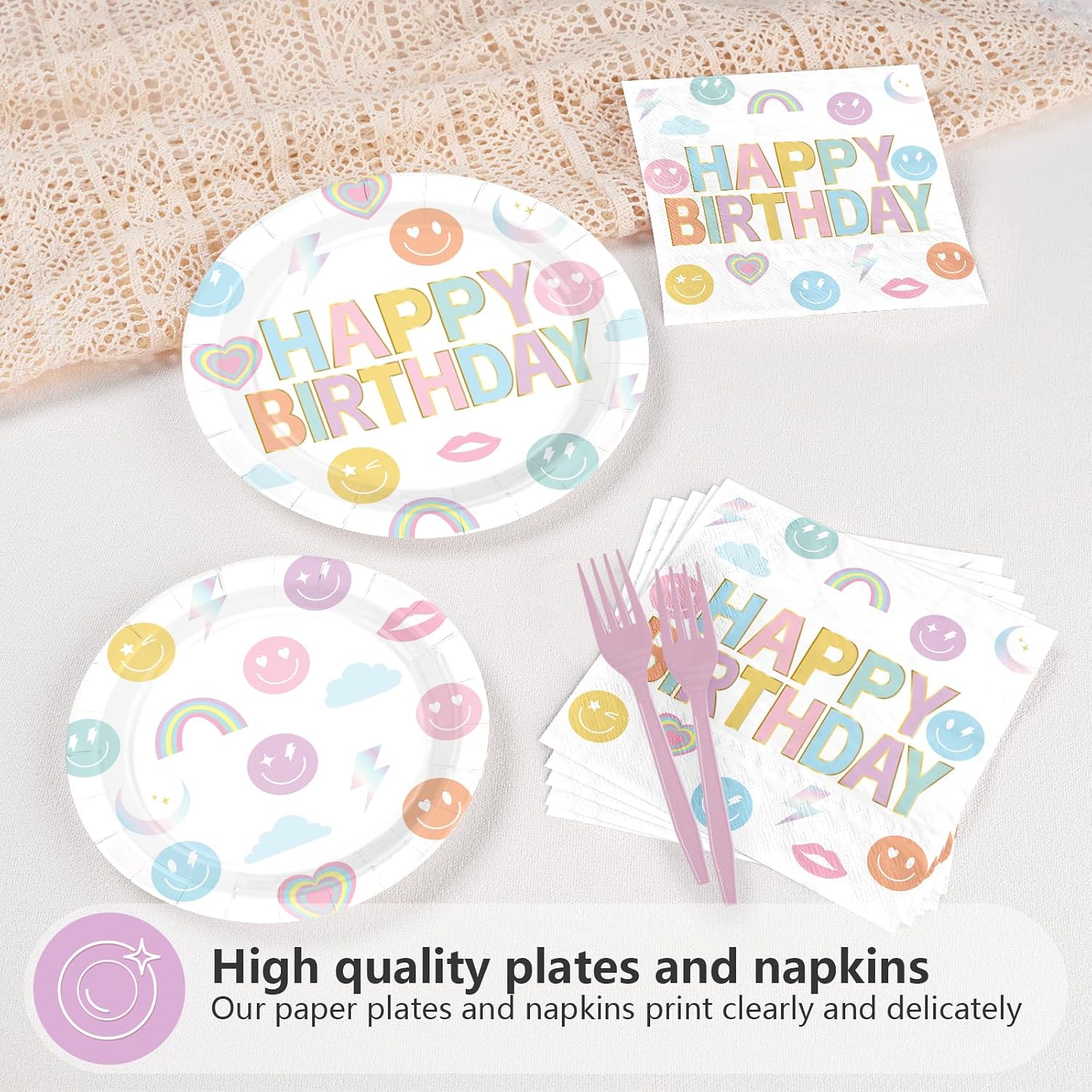 Rainbow Smile Face Birthday Plates & Napkins Set - 96 Pcs image 4